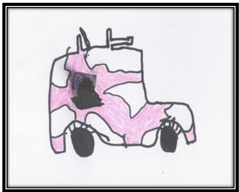 A child's drawing of a car in pink.